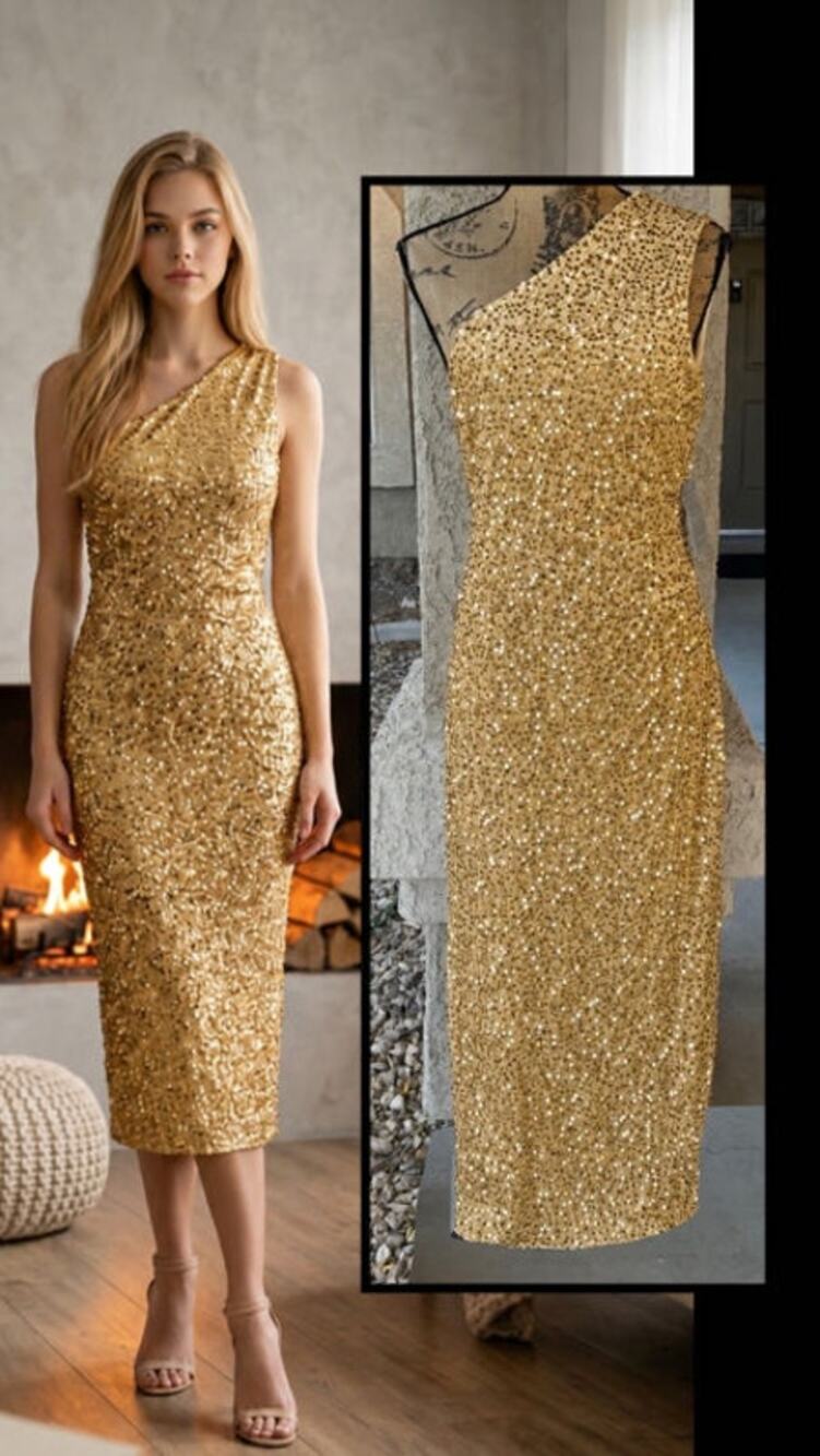 Petal & Pup Kiki Bodycon Sequins over Velvet One Shoulder Midi Dress Sz XL